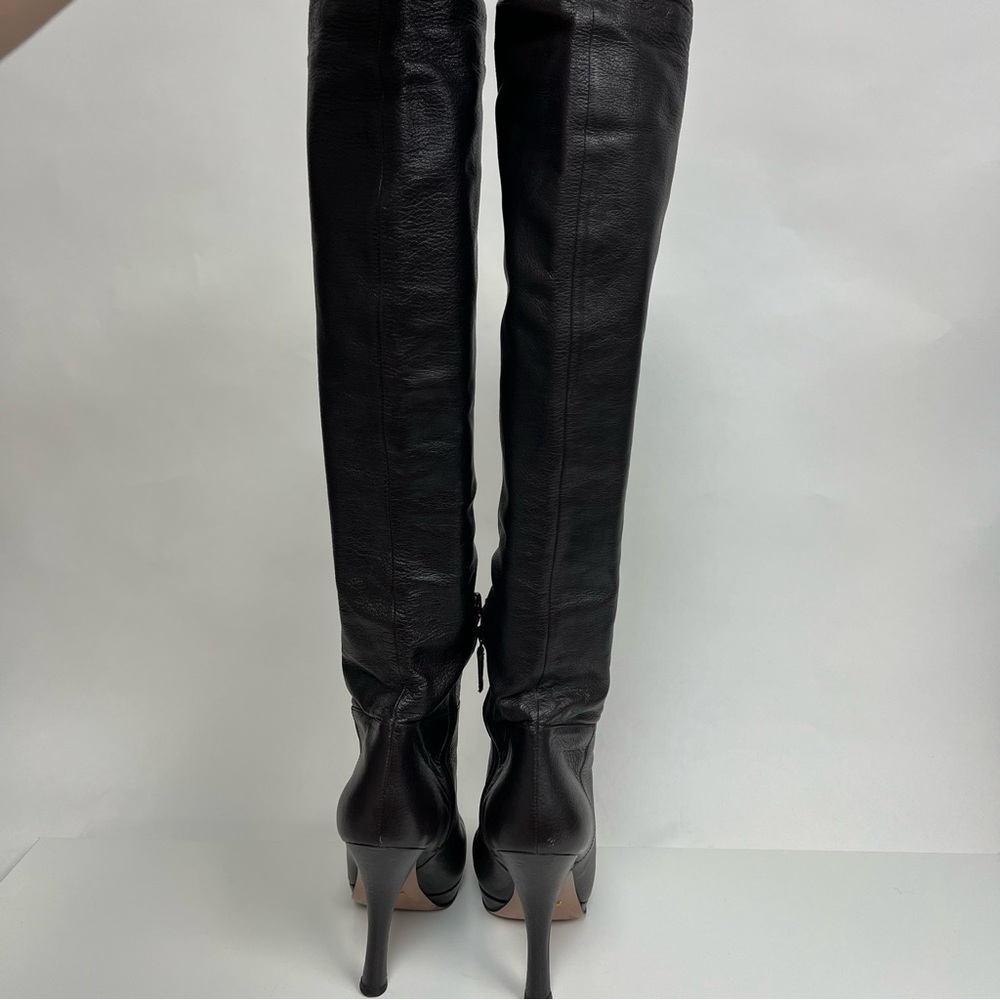 Prada Dark Brown Heeled Knee High Tall Boots Leather Size EU 41 - Picture 6 of 14